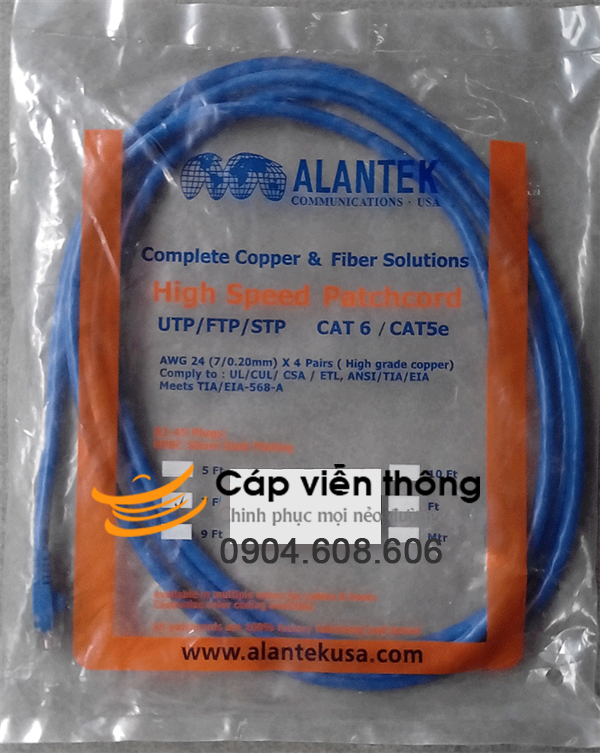 Patch cord, dây nhảy Alantek Cat5e UTP 2,1m màu xanh chính hãng